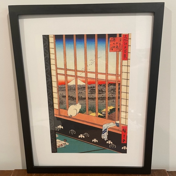 Ukiyoe Cat Japanese Art Print 12x15 Hiroshige Asakusa Rice Fields Black Frame - Picture 2 of 3